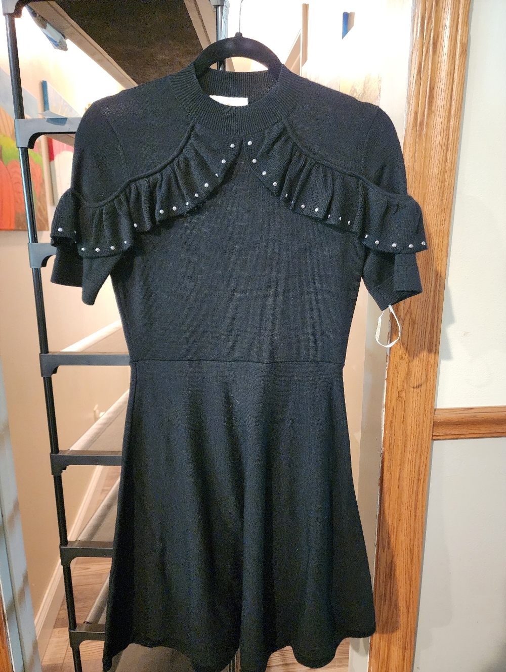 Kate Spade Black Ruffle Knit Dress with Stud Accents
